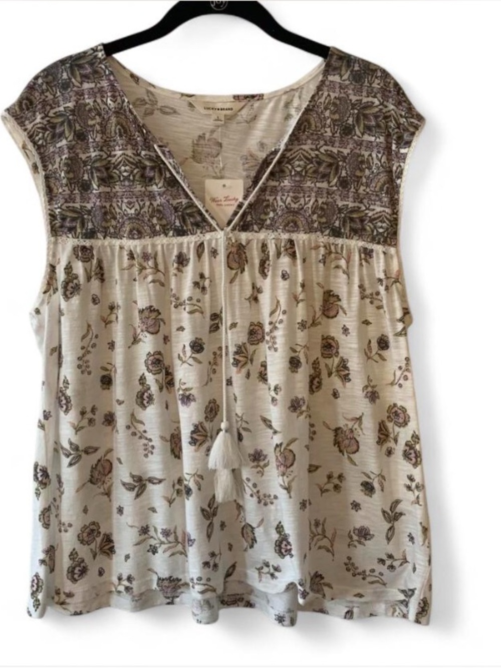 Lucky Brand Cream Floral Tassel Peasant Blouse